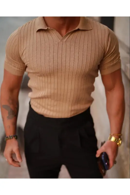 Erkek Fitilli Polo Yaka Triko T-Shirt - KAHVERENGİ - 1