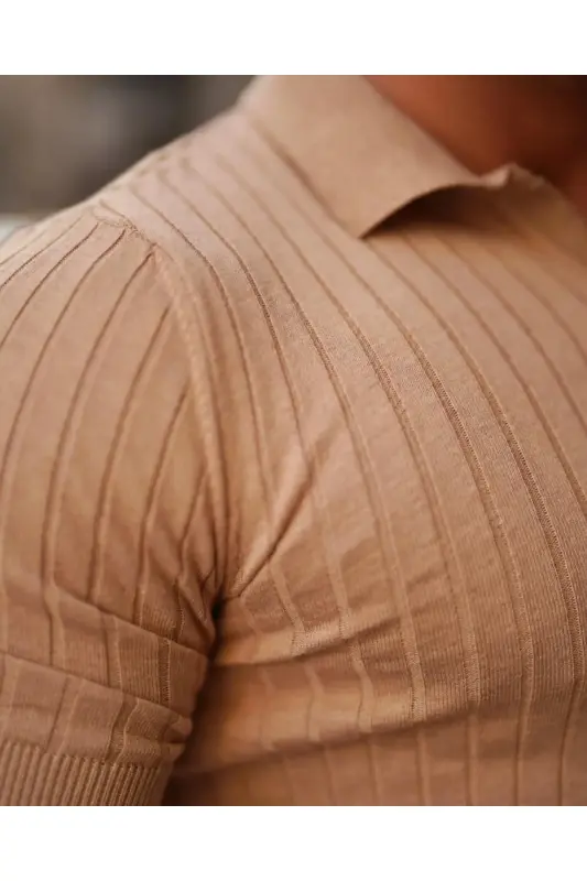 Erkek Fitilli Polo Yaka Triko T-Shirt - KAHVERENGİ - 3