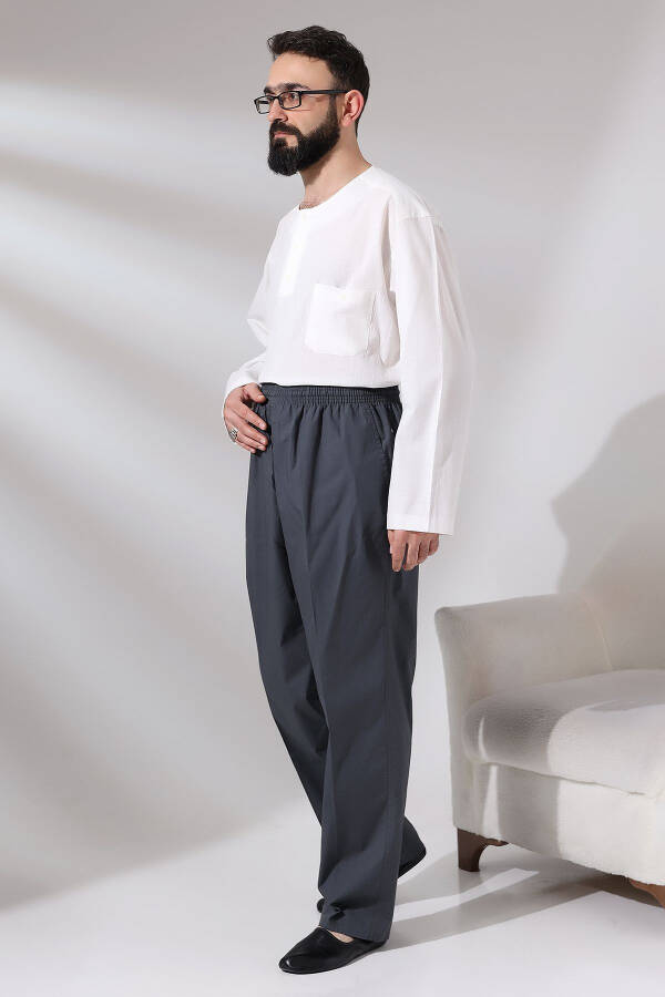 Erkek Füme Çınar Rahat Kesim Beli Lastikli Hac Ve Umre Keten Şalvar Pantolon - Füme - 4