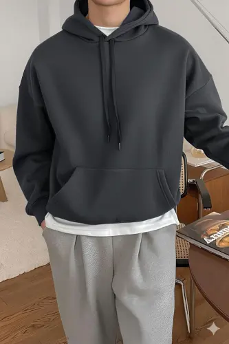 Erkek Füme Düz Kapüşonlu Oversize 3 iplik Şardonlu Salaş Bol Kesim Hoodie Sweatshirt-FÜME DÜZ - 1