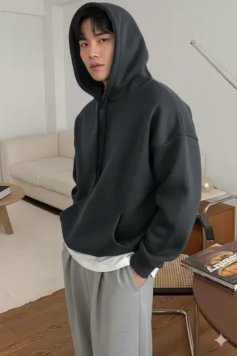 Erkek Füme Düz Kapüşonlu Oversize 3 iplik Şardonlu Salaş Bol Kesim Hoodie Sweatshirt-FÜME DÜZ - 3