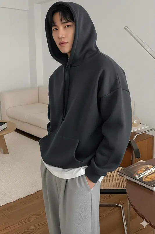 Erkek Füme Düz Kapüşonlu Oversize 3 iplik Şardonlu Salaş Bol Kesim Hoodie Sweatshirt-FÜME DÜZ - 3