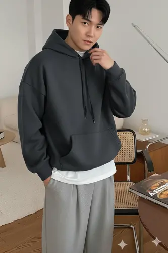 Erkek Füme Düz Kapüşonlu Oversize 3 iplik Şardonlu Salaş Bol Kesim Hoodie Sweatshirt-FÜME DÜZ - 2