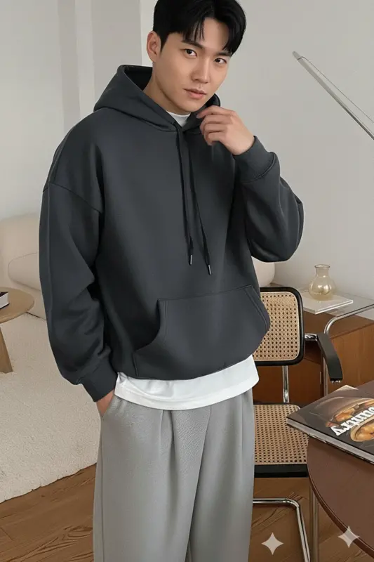 Erkek Füme Düz Kapüşonlu Oversize 3 iplik Şardonlu Salaş Bol Kesim Hoodie Sweatshirt-FÜME DÜZ - 2