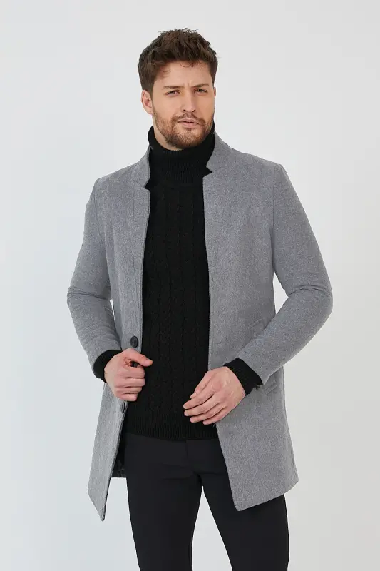 Erkek Füme Kaşe Kaban Slim Fit Dik Yaka Kışlık Kaban Palto ME-953 - Füme - 2
