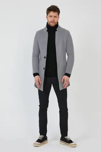 Erkek Füme Kaşe Kaban Slim Fit Dik Yaka Kışlık Kaban Palto ME-953 - Füme - 3