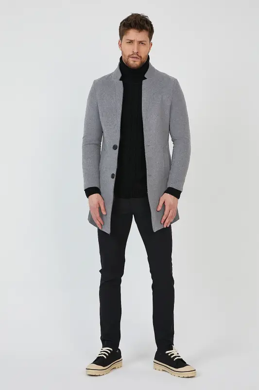 Erkek Füme Kaşe Kaban Slim Fit Dik Yaka Kışlık Kaban Palto ME-953 - Füme - 3