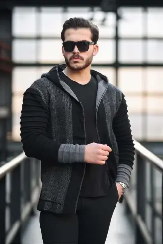 Erkek Füme Kolları Desenli Panço Hırka-Füme - 1