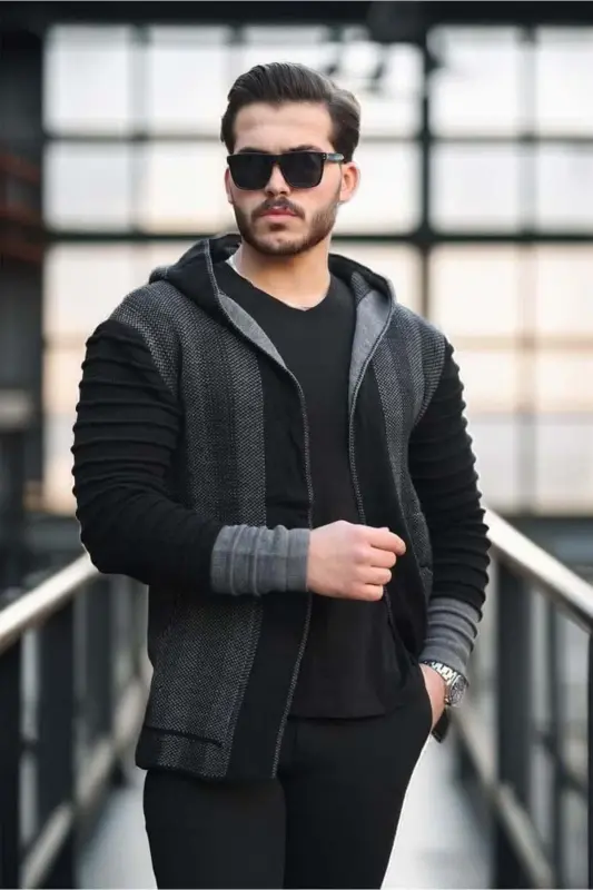 Erkek Füme Kolları Desenli Panço Hırka-Füme - 1