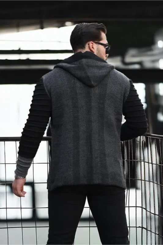 Erkek Füme Kolları Desenli Panço Hırka-Füme - 2