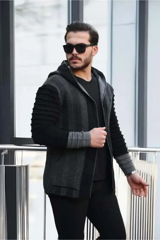 Erkek Füme Kolları Desenli Panço Hırka-Füme - 3