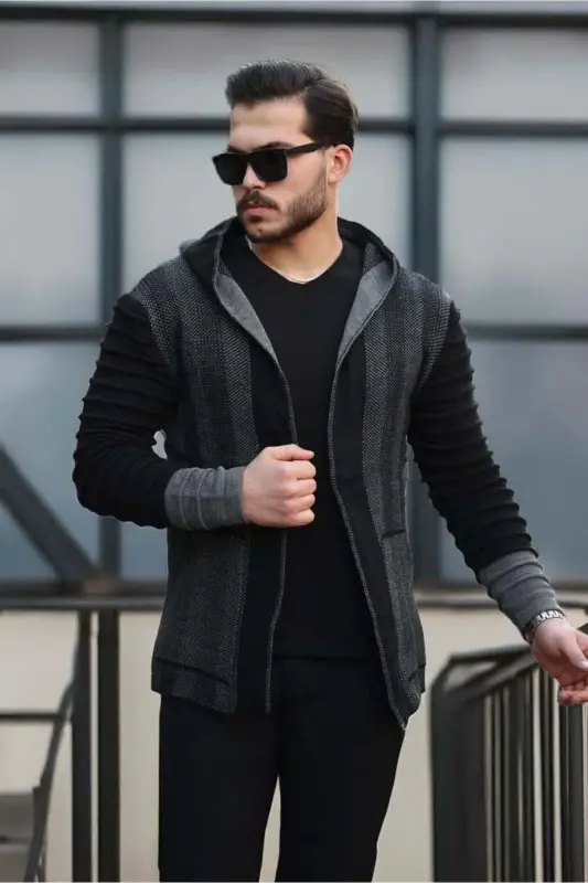 Erkek Füme Kolları Desenli Panço Hırka-Füme - 4