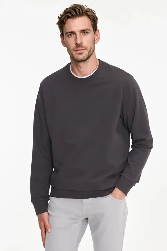 Erkek Füme Pamuklu Standart Fit Normal Kesim 2 İplik Bisiklet Yaka Sweatshirt - Füme - AC&Co / Altınyıldız Classics