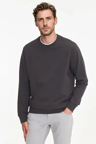 Erkek Füme Pamuklu Standart Fit Normal Kesim 2 İplik Bisiklet Yaka Sweatshirt - Füme - 1