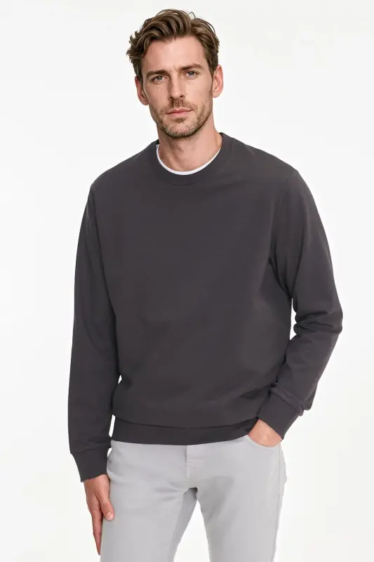 Erkek Füme Pamuklu Standart Fit Normal Kesim 2 İplik Bisiklet Yaka Sweatshirt - Füme - 1
