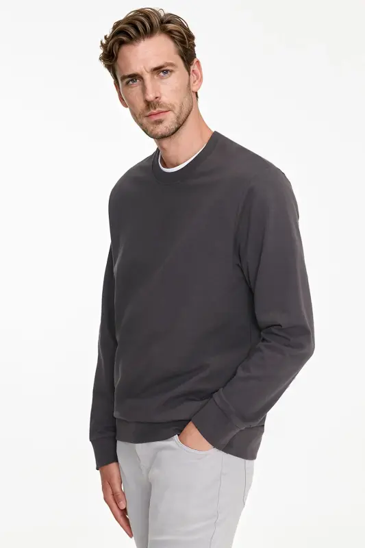Erkek Füme Pamuklu Standart Fit Normal Kesim 2 İplik Bisiklet Yaka Sweatshirt - Füme - 3