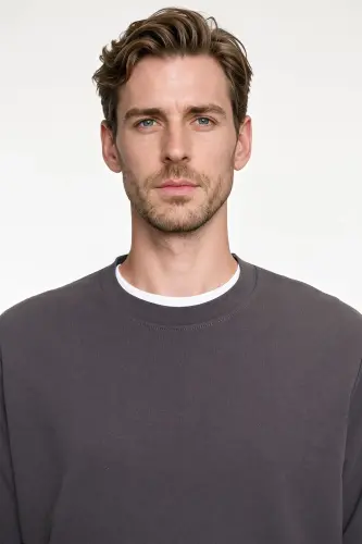 Erkek Füme Pamuklu Standart Fit Normal Kesim 2 İplik Bisiklet Yaka Sweatshirt - Füme - 4