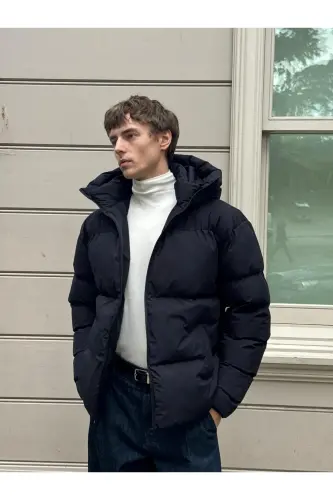 Erkek Garnili Su Ve Rüzgar Geçirmez Oversize Şişme Mont Lacivert-Lacivert 