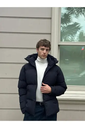 Erkek Garnili Su Ve Rüzgar Geçirmez Oversize Şişme Mont Lacivert-Lacivert - DANGER (1)