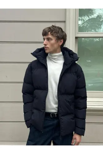 Erkek Garnili Su Ve Rüzgar Geçirmez Oversize Şişme Mont Lacivert-Lacivert - 3