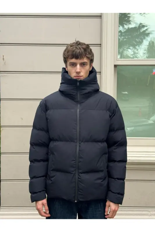 Erkek Garnili Su Ve Rüzgar Geçirmez Oversize Şişme Mont Lacivert-Lacivert - 5