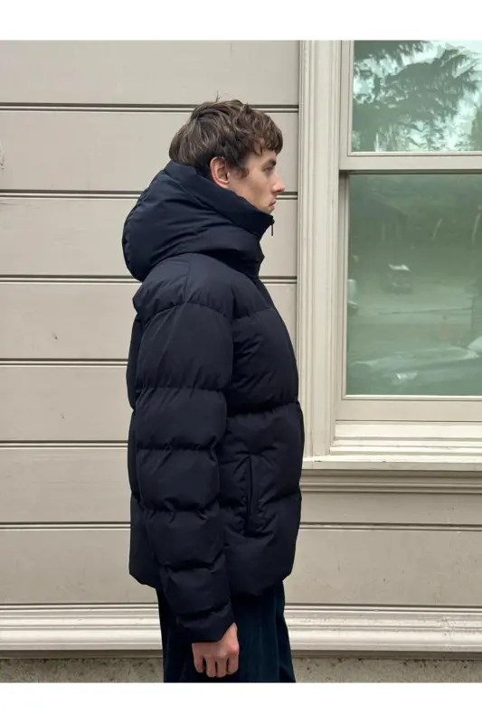 Erkek Garnili Su Ve Rüzgar Geçirmez Oversize Şişme Mont Lacivert-Lacivert - 6