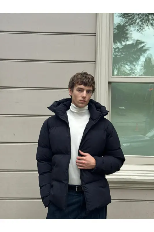 Erkek Garnili Su Ve Rüzgar Geçirmez Oversize Şişme Mont Lacivert-Lacivert - 4