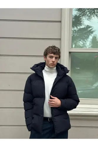 Erkek Garnili Su Ve Rüzgar Geçirmez Oversize Şişme Mont Lacivert-Lacivert - 4