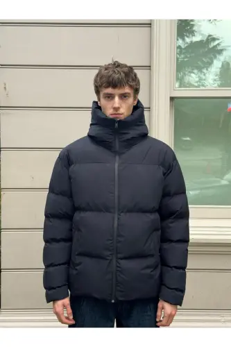 Erkek Garnili Su Ve Rüzgar Geçirmez Oversize Şişme Mont Lacivert-Lacivert - 5