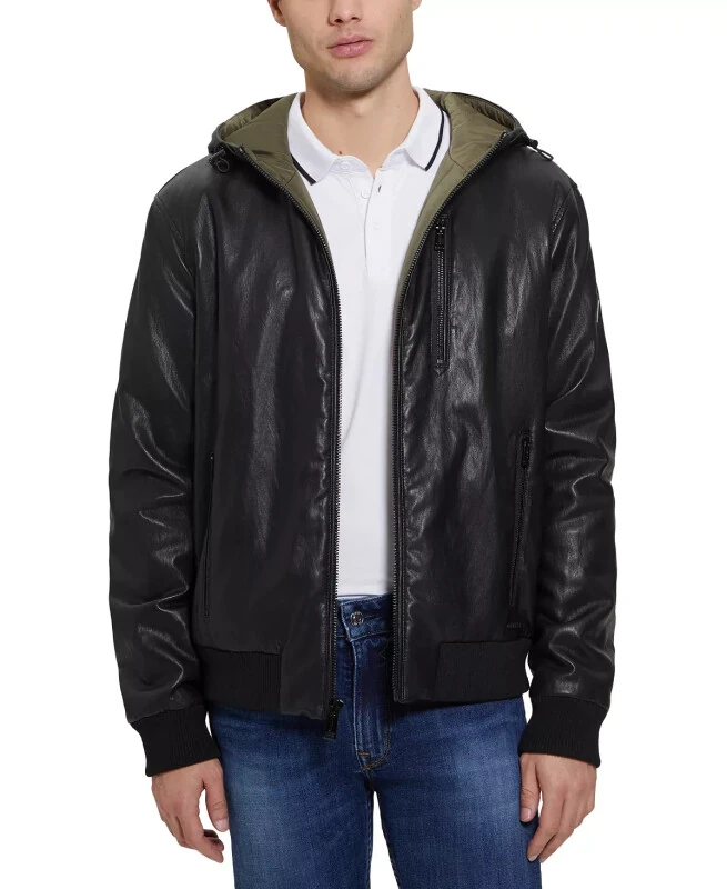 Men's Gary Faux Leather Hooded Jacket-Jet Black - GUESS