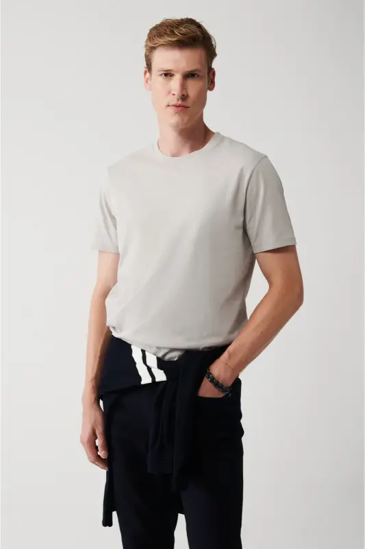 Erkek Gri Basic Pamuklu T-shirt E001000 - Gri - 1