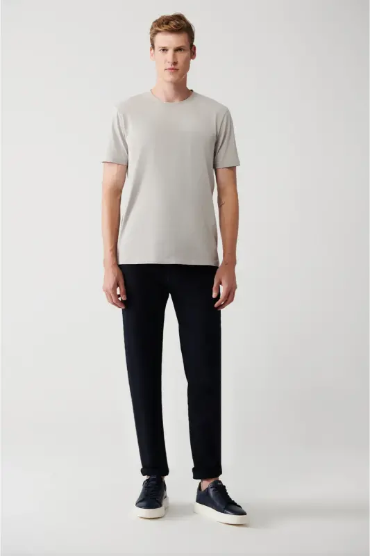 Erkek Gri %100 Pamuk Nefes Alan Bisiklet Yaka T-Shirt E001000-Gri - 5