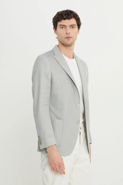 Erkek Gri 360 Her Yöne Esneyen Pamuklu Slim Fit Kırlangıç Yaka Armürlü Blazer Ceket - ALTINYILDIZ CLASSICS