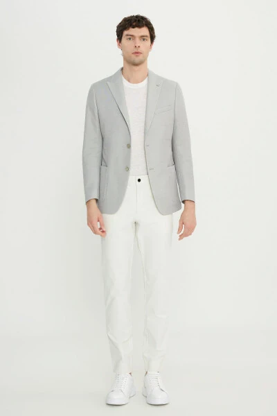 Erkek Gri 360 Her Yöne Esneyen Pamuklu Slim Fit Kırlangıç Yaka Armürlü Blazer Ceket - ALTINYILDIZ CLASSICS (1)