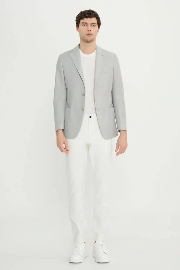 Erkek Gri 360 Her Yöne Esneyen Pamuklu Slim Fit Kırlangıç Yaka Armürlü Blazer Ceket - 2