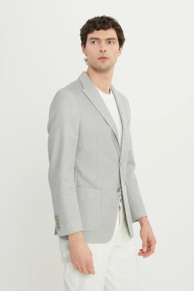 Erkek Gri 360 Her Yöne Esneyen Pamuklu Slim Fit Kırlangıç Yaka Armürlü Blazer Ceket - 3