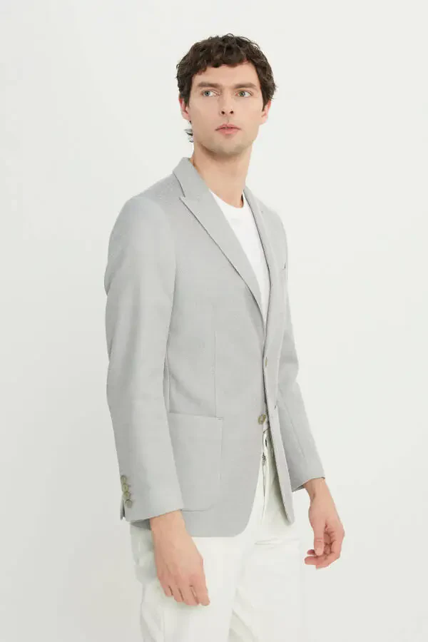 Erkek Gri 360 Her Yöne Esneyen Pamuklu Slim Fit Kırlangıç Yaka Armürlü Blazer Ceket - 3