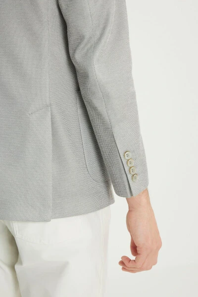 Erkek Gri 360 Her Yöne Esneyen Pamuklu Slim Fit Kırlangıç Yaka Armürlü Blazer Ceket - 5