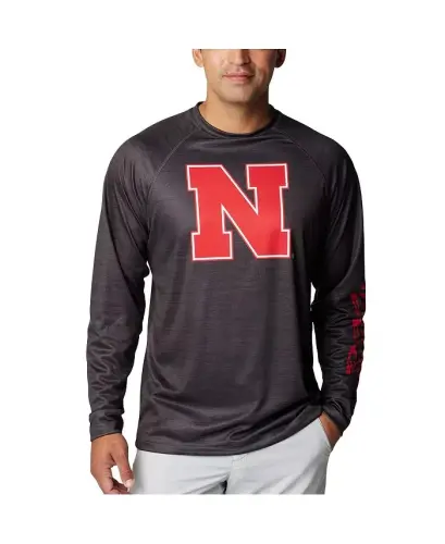 Men's Heather Charcoal Nebraska Huskers PFG Terminal Tackle Omni-Shade Raglan Long Sleeve T-shirt - Heather Charcoal - 1