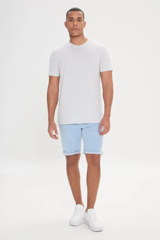 Erkek Gri-beyaz Kolay Ütülenebilir Slim Fit Dar Kesim Bisiklet Yaka Jakarlı Tişört - Gri-Beyaz - 2