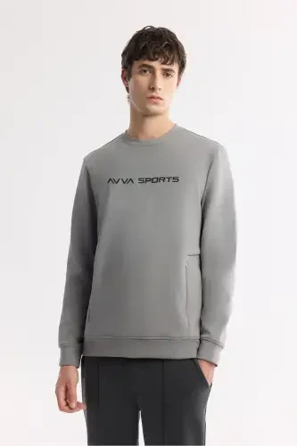 Erkek Gri Bisiklet Yaka Baskılı Bi-Stretch İnterlok Regular Fit Sweatshirt A51Y1208-Gri - 4