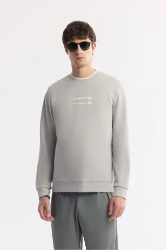 Erkek Gri Bisiklet Yaka Baskılı Bi-Stretch İnterlok Regular Fit Sweatshirt A51Y1204 - Gri 
