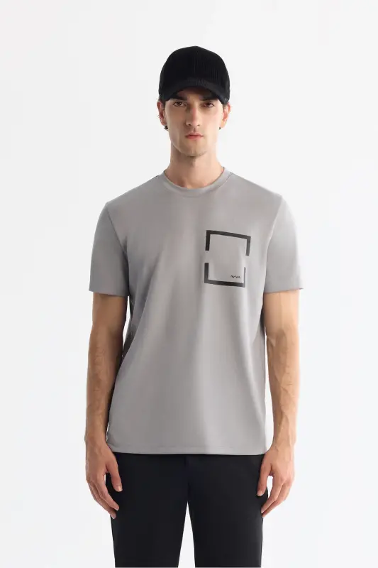 Erkek Gri Bisiklet Yaka Baskılı Elastan Regular Fit T-Shirt A42Y1020-Gri - 1