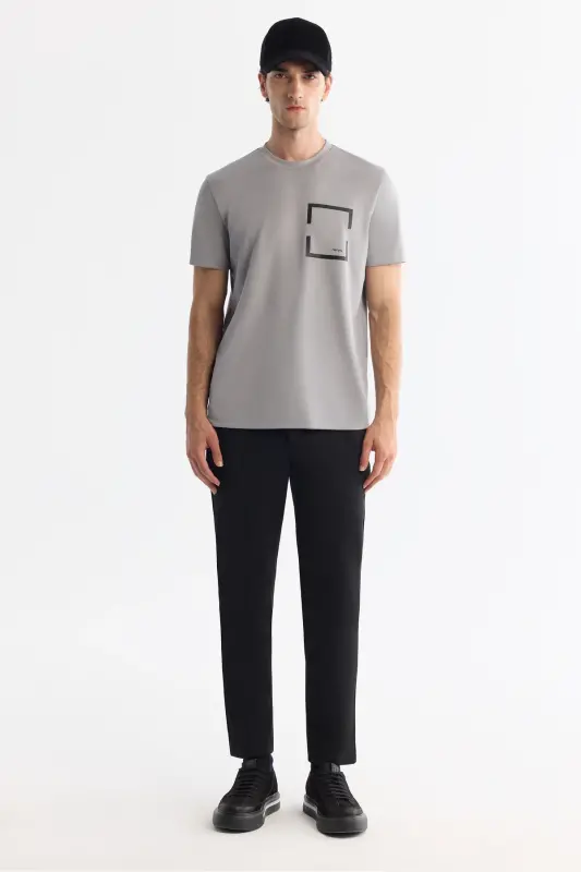 Erkek Gri Bisiklet Yaka Baskılı Elastan Regular Fit T-Shirt A42Y1020-Gri - 5