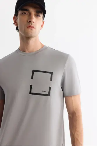 Erkek Gri Bisiklet Yaka Baskılı Elastan Regular Fit T-Shirt A42Y1020-Gri - AVVA (1)