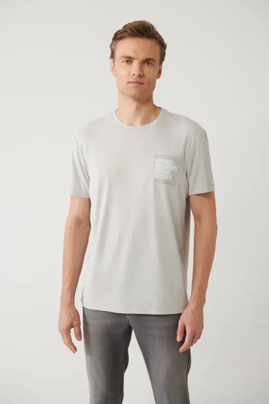 Erkek Gri Bisiklet Yaka Baskılı Soft Touch Regular Fit T-Shirt A41Y1136 - Gri - 1