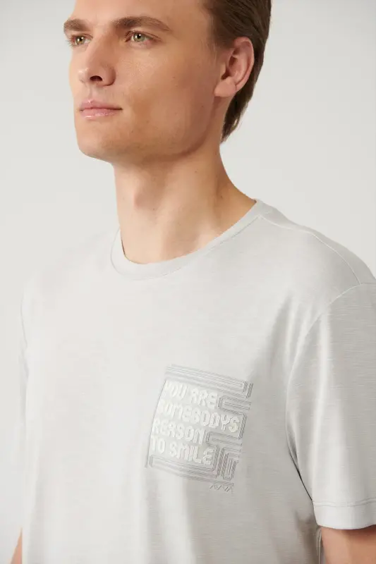 Erkek Gri Bisiklet Yaka Baskılı Soft Touch Regular Fit T-Shirt A41Y1136 - Gri - 2
