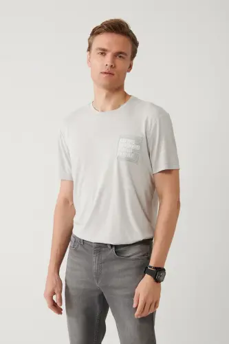 Erkek Gri Bisiklet Yaka Baskılı Soft Touch Regular Fit T-Shirt A41Y1136 - Gri - 3