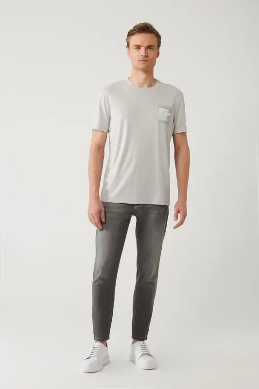 Erkek Gri Bisiklet Yaka Baskılı Soft Touch Regular Fit T-Shirt A41Y1136 - Gri - 5