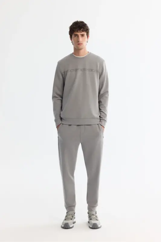 Erkek Gri Bisiklet Yaka Baskılı Soft Touch Regular Fit Sweatshirt A42Y1307 - Gri - 6